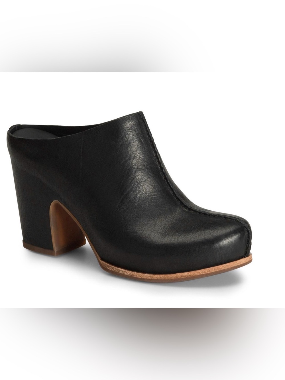 Kork-Ease Black Leather High Heel Mule with Wood-Tone Sole